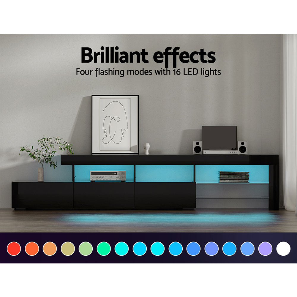 Caya Black RGB LED TV Entertainment Unit – Tempered Glass Shelves &amp; UV High Gloss Finish | 215cm - Greenora Living