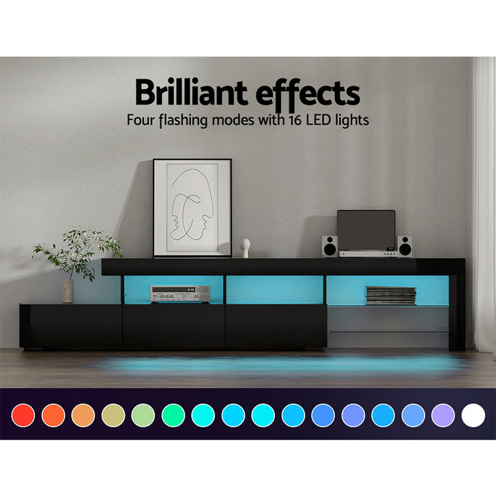 Caya Black RGB LED TV Entertainment Unit – Tempered Glass Shelves &amp; UV High Gloss Finish | 215cm - Greenora Living