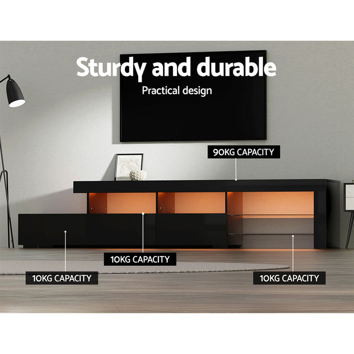 Caya Black RGB LED TV Entertainment Unit – Tempered Glass Shelves &amp; UV High Gloss Finish | 215cm - Greenora Living