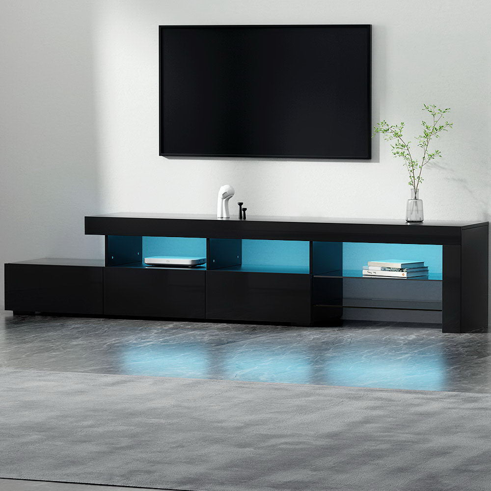 Caya Black RGB LED TV Entertainment Unit – Tempered Glass Shelves & UV High Gloss Finish | 215cm - Greenora Living