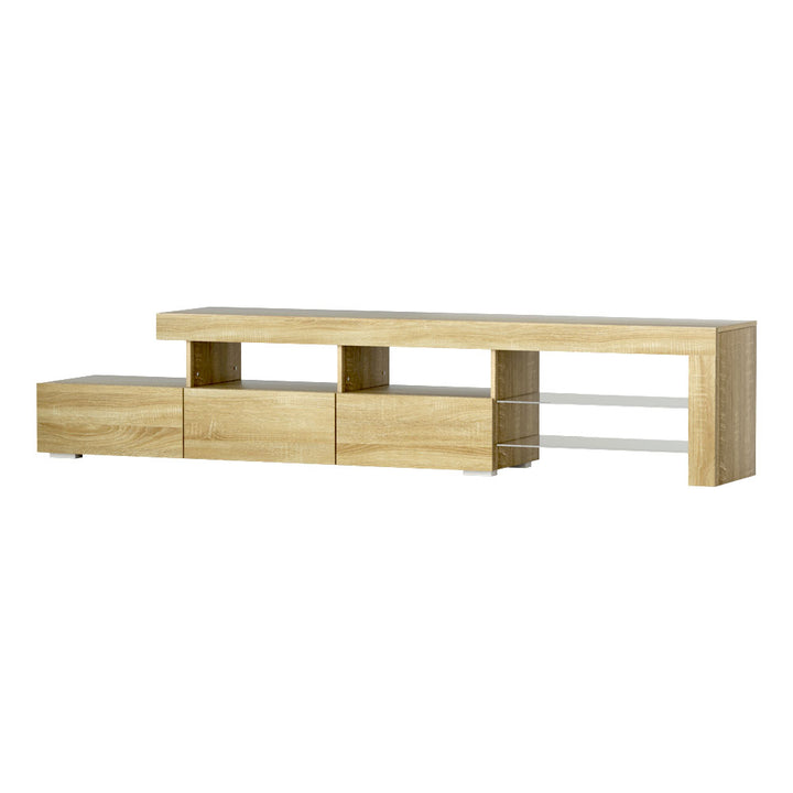 Caya Pine RGB LED TV Entertainment Unit – Tempered Glass Shelves &amp; Pine Wood Finish | 215cm - Greenora Living