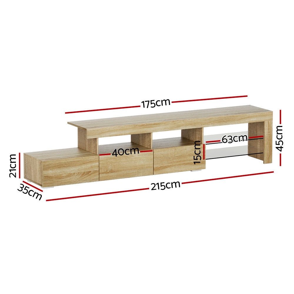 Caya Pine RGB LED TV Entertainment Unit – Tempered Glass Shelves &amp; Pine Wood Finish | 215cm - Greenora Living