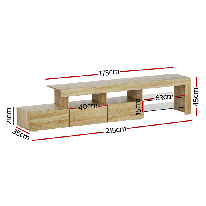 Caya Pine RGB LED TV Entertainment Unit – Tempered Glass Shelves &amp; Pine Wood Finish | 215cm - Greenora Living