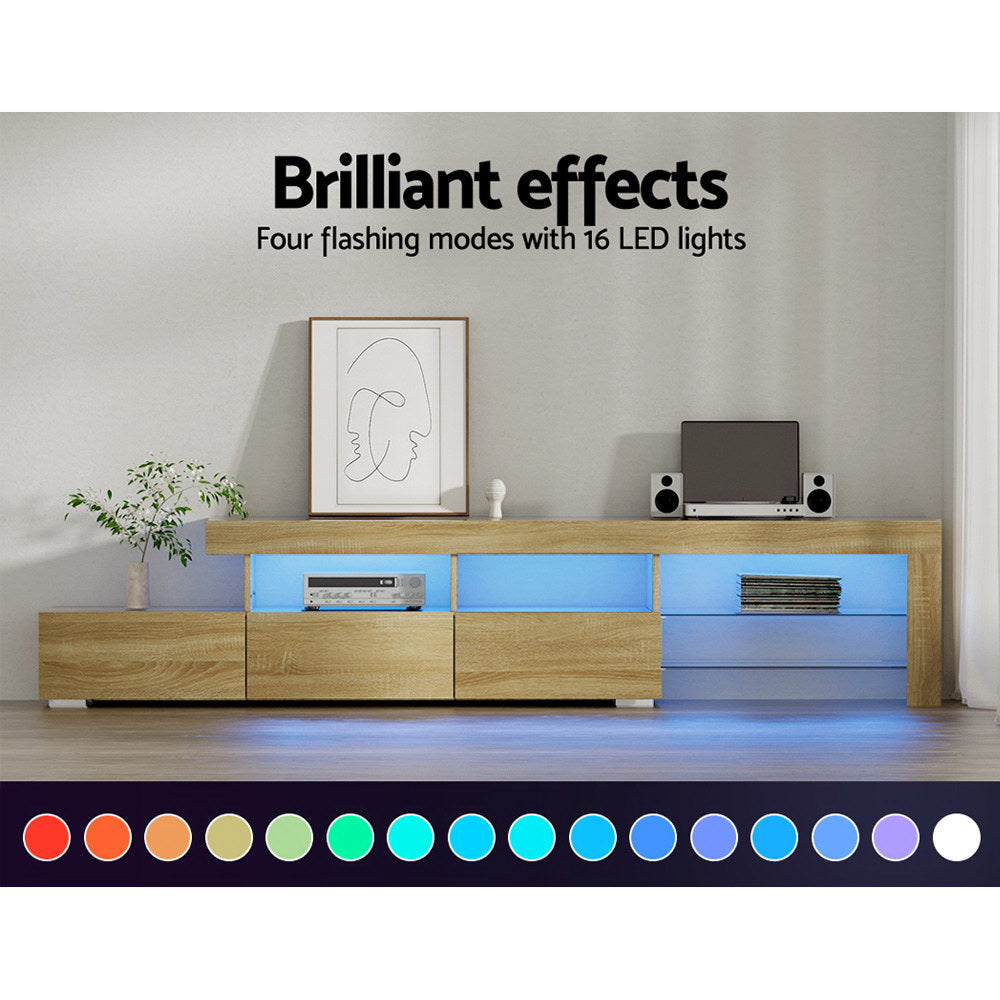 Caya Pine RGB LED TV Entertainment Unit – Tempered Glass Shelves &amp; Pine Wood Finish | 215cm - Greenora Living