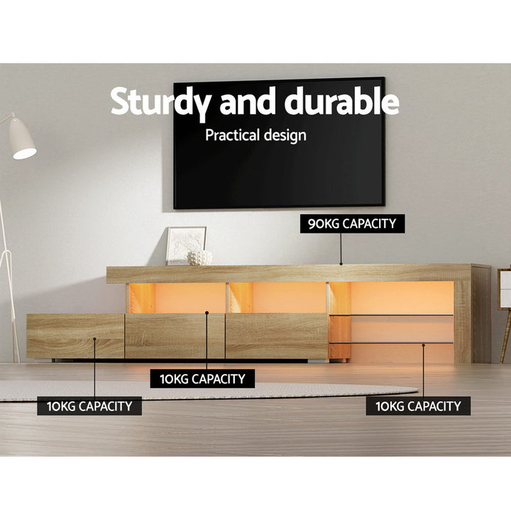 Caya Pine RGB LED TV Entertainment Unit – Tempered Glass Shelves &amp; Pine Wood Finish | 215cm - Greenora Living