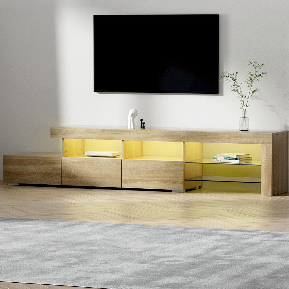 Caya Pine RGB LED TV Entertainment Unit – Tempered Glass Shelves & Pine Wood Finish | 215cm - Greenora Living