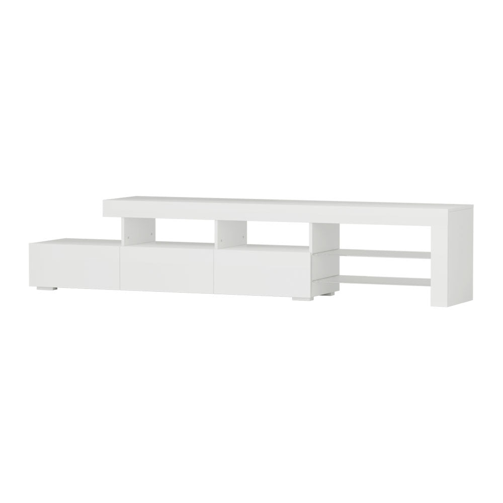 Caya White RGB LED TV Entertainment Unit – Tempered Glass Shelves &amp; UV High Gloss Finish | 215cm - Greenora Living