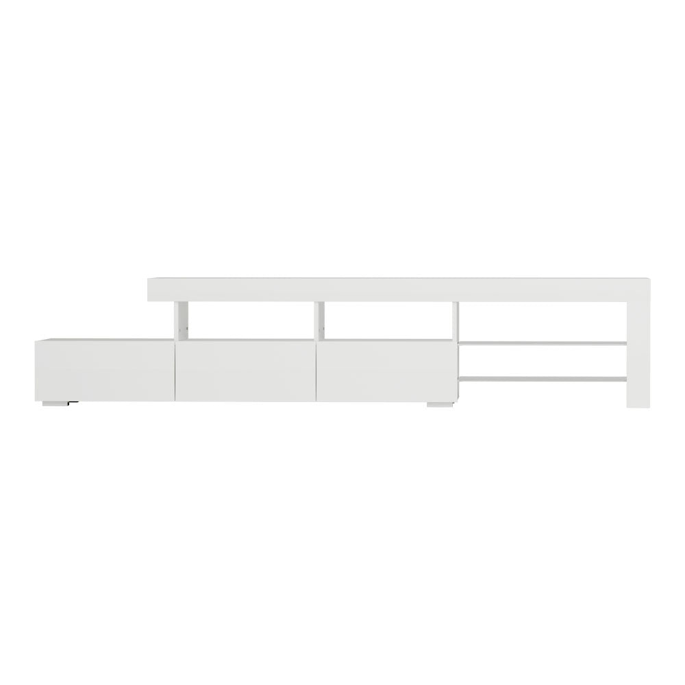 Caya White RGB LED TV Entertainment Unit – Tempered Glass Shelves &amp; UV High Gloss Finish | 215cm - Greenora Living