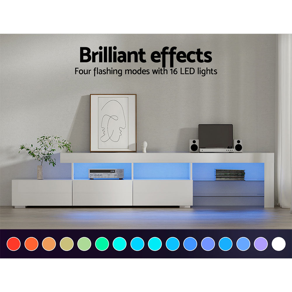 Caya White RGB LED TV Entertainment Unit – Tempered Glass Shelves &amp; UV High Gloss Finish | 215cm - Greenora Living