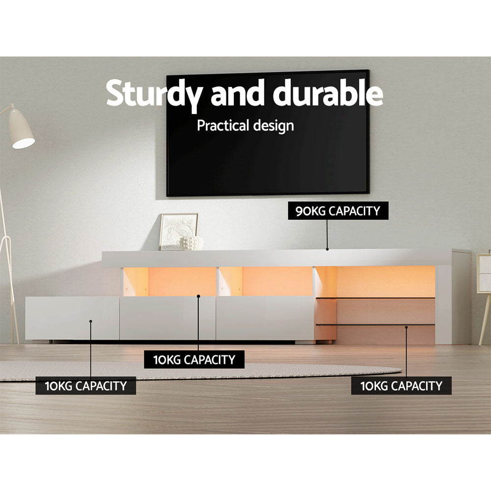 Caya White RGB LED TV Entertainment Unit – Tempered Glass Shelves &amp; UV High Gloss Finish | 215cm - Greenora Living