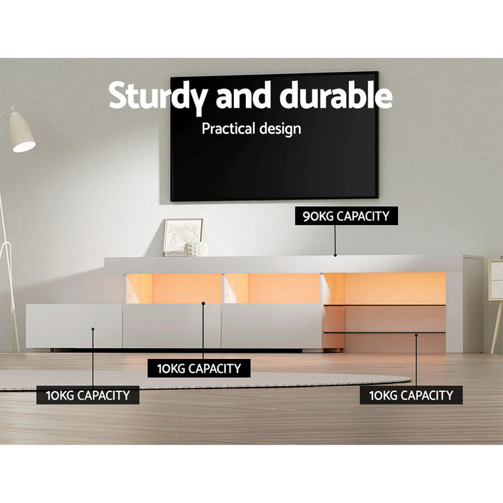 Caya White RGB LED TV Entertainment Unit – Tempered Glass Shelves &amp; UV High Gloss Finish | 215cm - Greenora Living