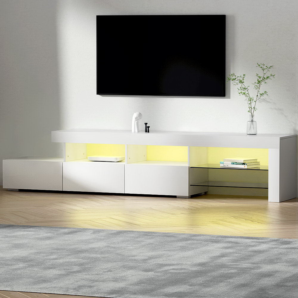 Caya White RGB LED TV Entertainment Unit – Tempered Glass Shelves & UV High Gloss Finish | 215cm - Greenora Living