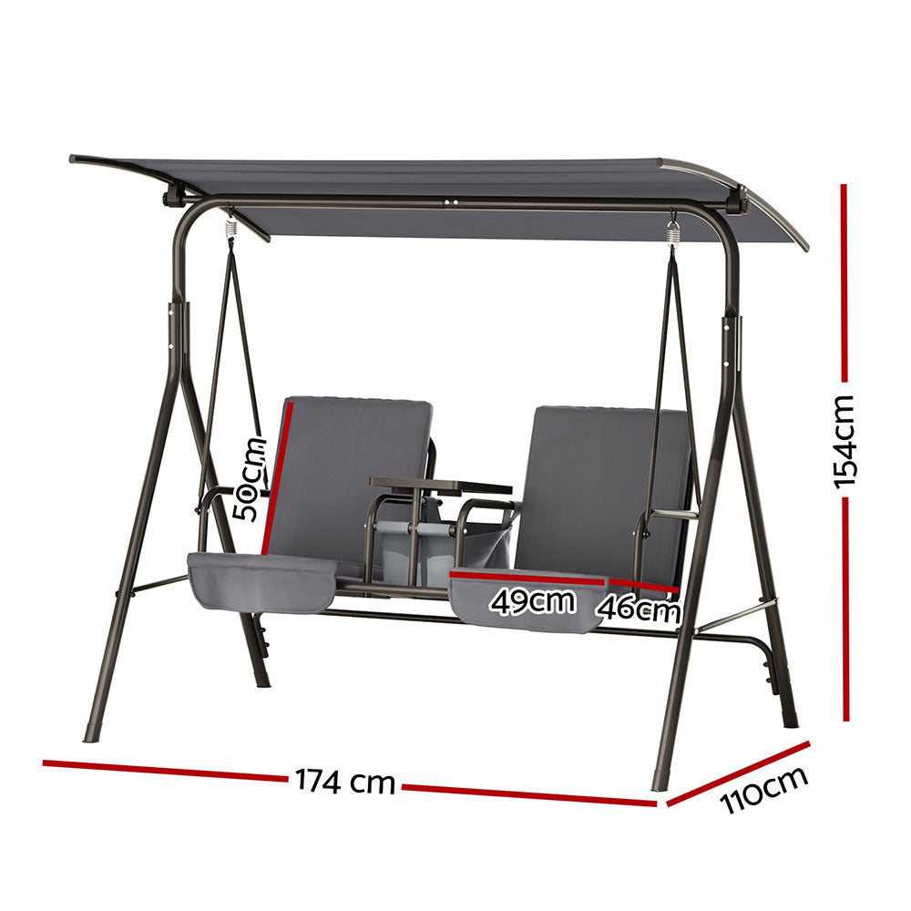 2-Seater Outdoor Swing Chair with UV Canopy &amp; Cup Holders – Grey - Greenora Living
