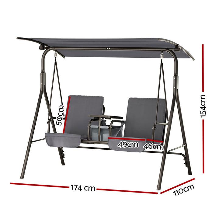 2-Seater Outdoor Swing Chair with UV Canopy &amp; Cup Holders – Grey - Greenora Living