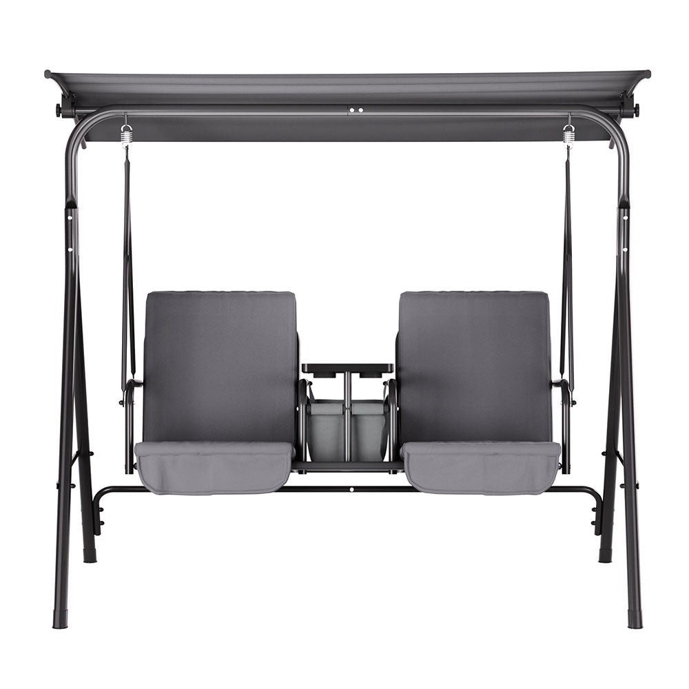 2-Seater Outdoor Swing Chair with UV Canopy &amp; Cup Holders – Grey - Greenora Living