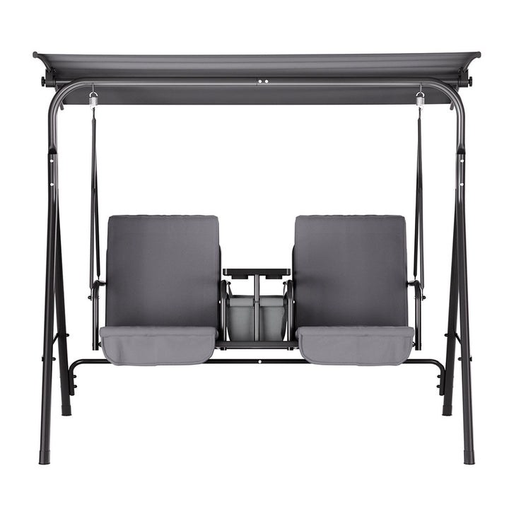 2-Seater Outdoor Swing Chair with UV Canopy &amp; Cup Holders – Grey - Greenora Living