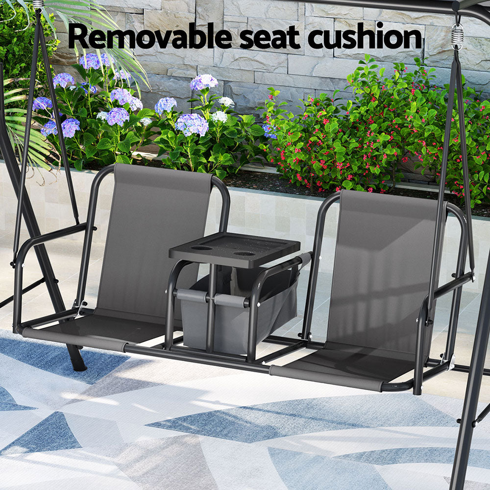 2-Seater Outdoor Swing Chair with UV Canopy &amp; Cup Holders – Grey - Greenora Living