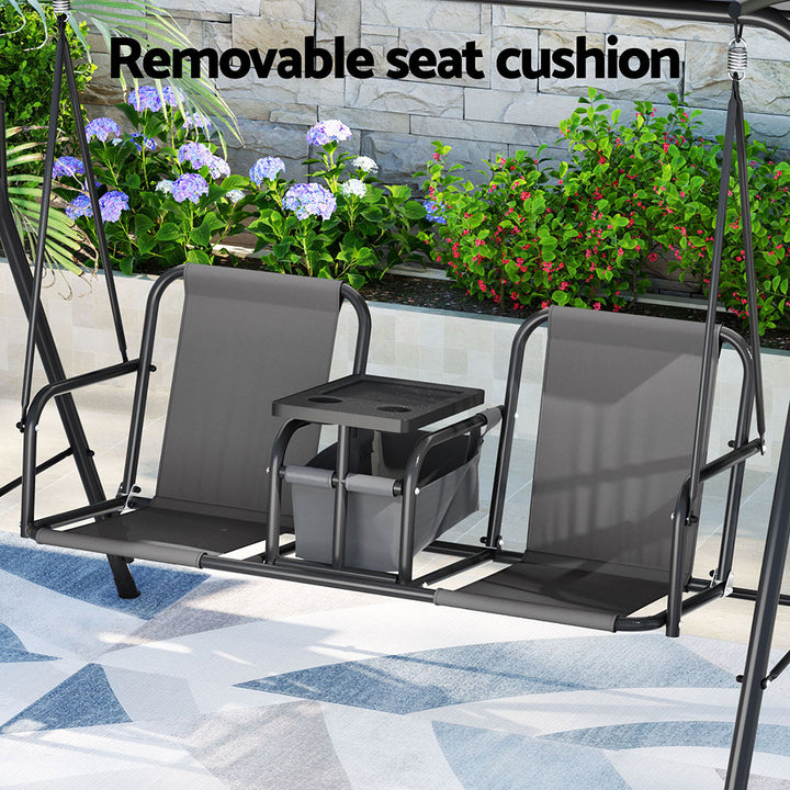 2-Seater Outdoor Swing Chair with UV Canopy &amp; Cup Holders – Grey - Greenora Living