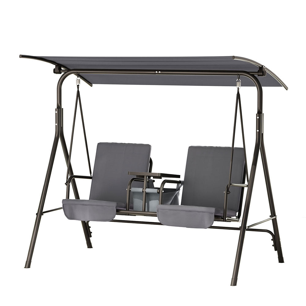 2-Seater Outdoor Swing Chair with UV Canopy &amp; Cup Holders – Grey - Greenora Living