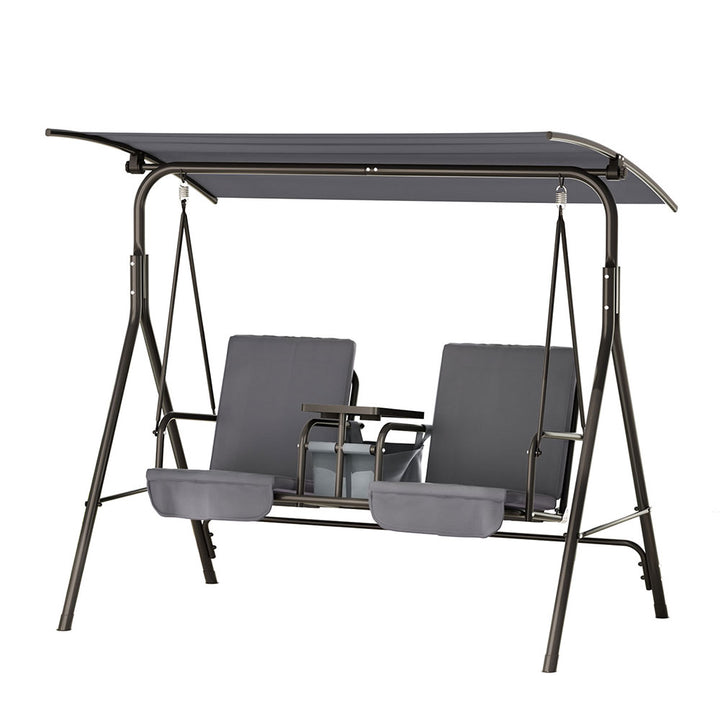 2-Seater Outdoor Swing Chair with UV Canopy &amp; Cup Holders – Grey - Greenora Living