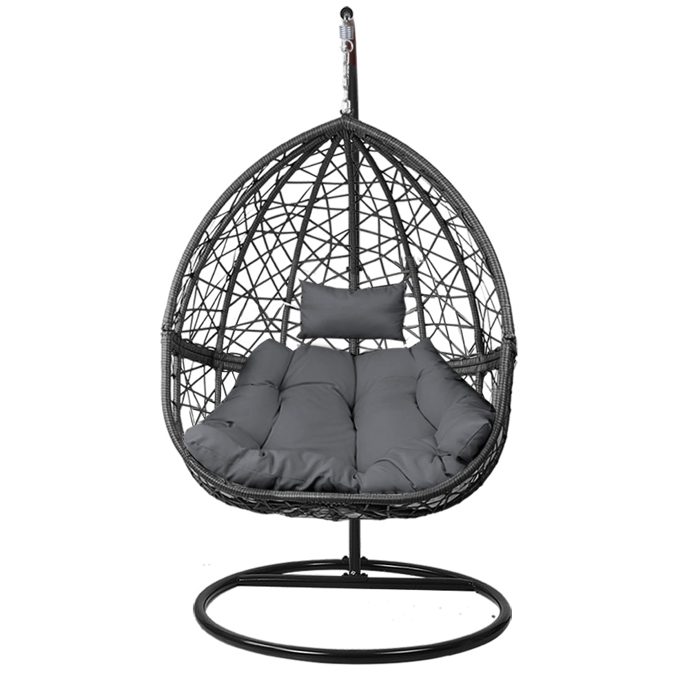 Slate Rattan Hanging Egg Pod Chair with Stand – 100% Hand-Woven Wicker | 360° Swivel | Cushion Included | 150kg | Grey - Greenora Living