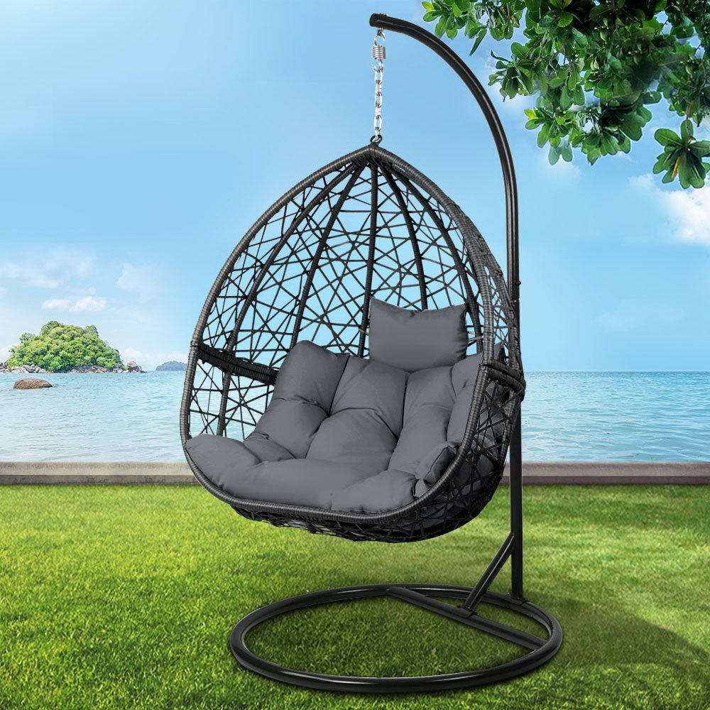 Slate Rattan Hanging Egg Pod Chair with Stand – 100% Hand-Woven Wicker | 360° Swivel | Cushion Included | 150kg | Grey - Greenora Living