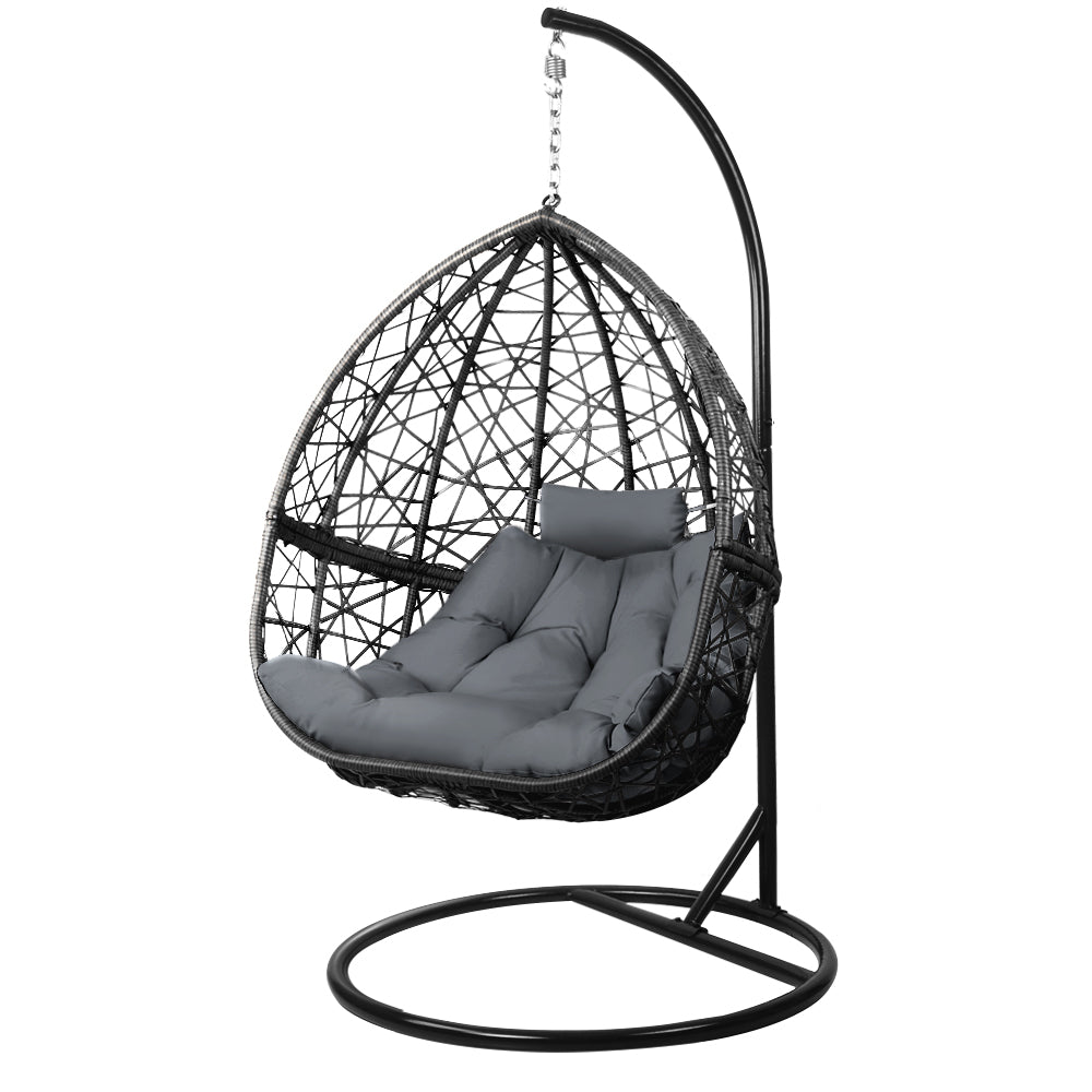 Slate Rattan Hanging Egg Pod Chair with Stand – 100% Hand-Woven Wicker | 360° Swivel | Cushion Included | 150kg | Grey - Greenora Living