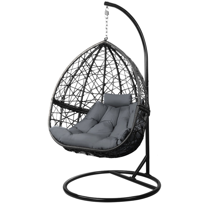 Slate Rattan Hanging Egg Pod Chair with Stand – 100% Hand-Woven Wicker | 360° Swivel | Cushion Included | 150kg | Grey - Greenora Living