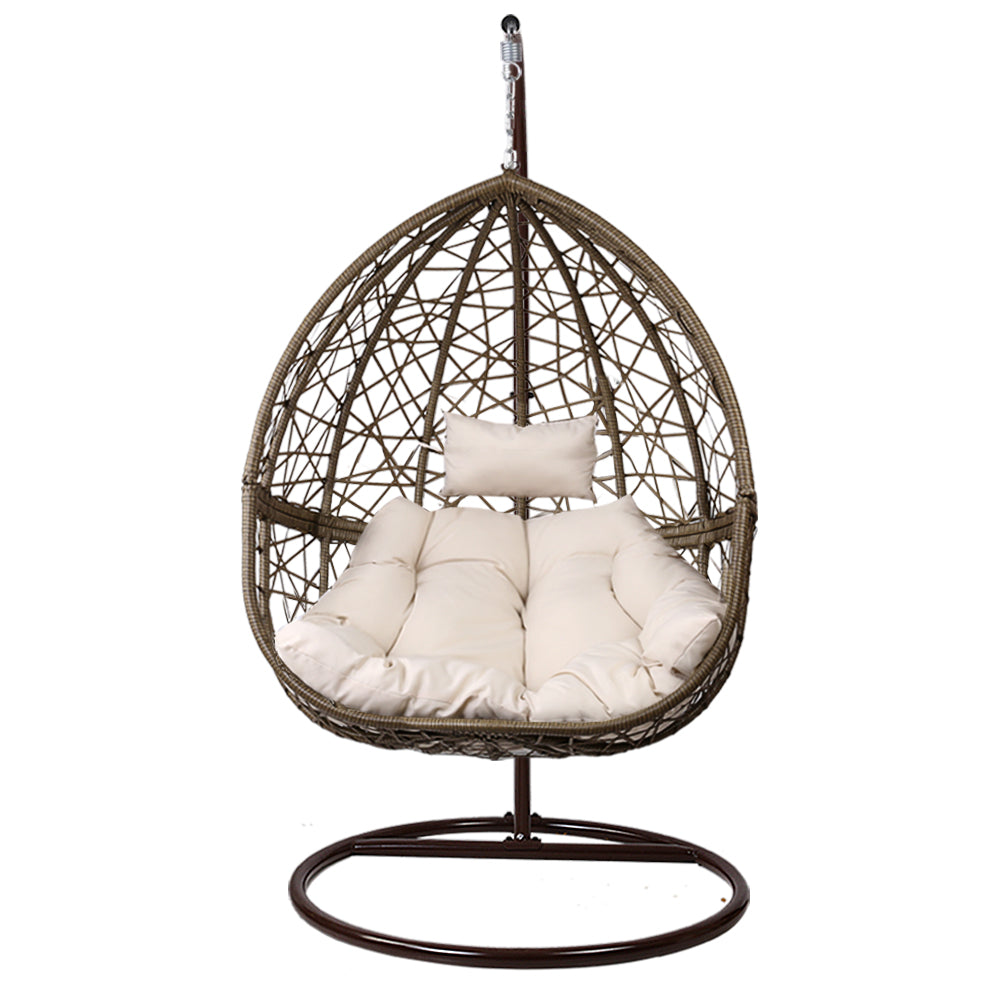 Latte Rattan Hanging Egg Pod Chair with Stand – 100% Hand-Woven Wicker | 360° Swivel | Cushion Included | 150kg - Greenora Living