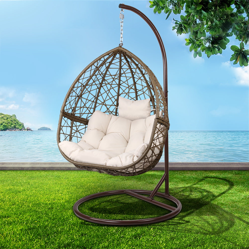 Latte Rattan Hanging Egg Pod Chair with Stand – 100% Hand-Woven Wicker | 360° Swivel | Cushion Included | 150kg - Greenora Living