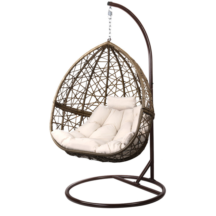 Latte Rattan Hanging Egg Pod Chair with Stand – 100% Hand-Woven Wicker | 360° Swivel | Cushion Included | 150kg - Greenora Living