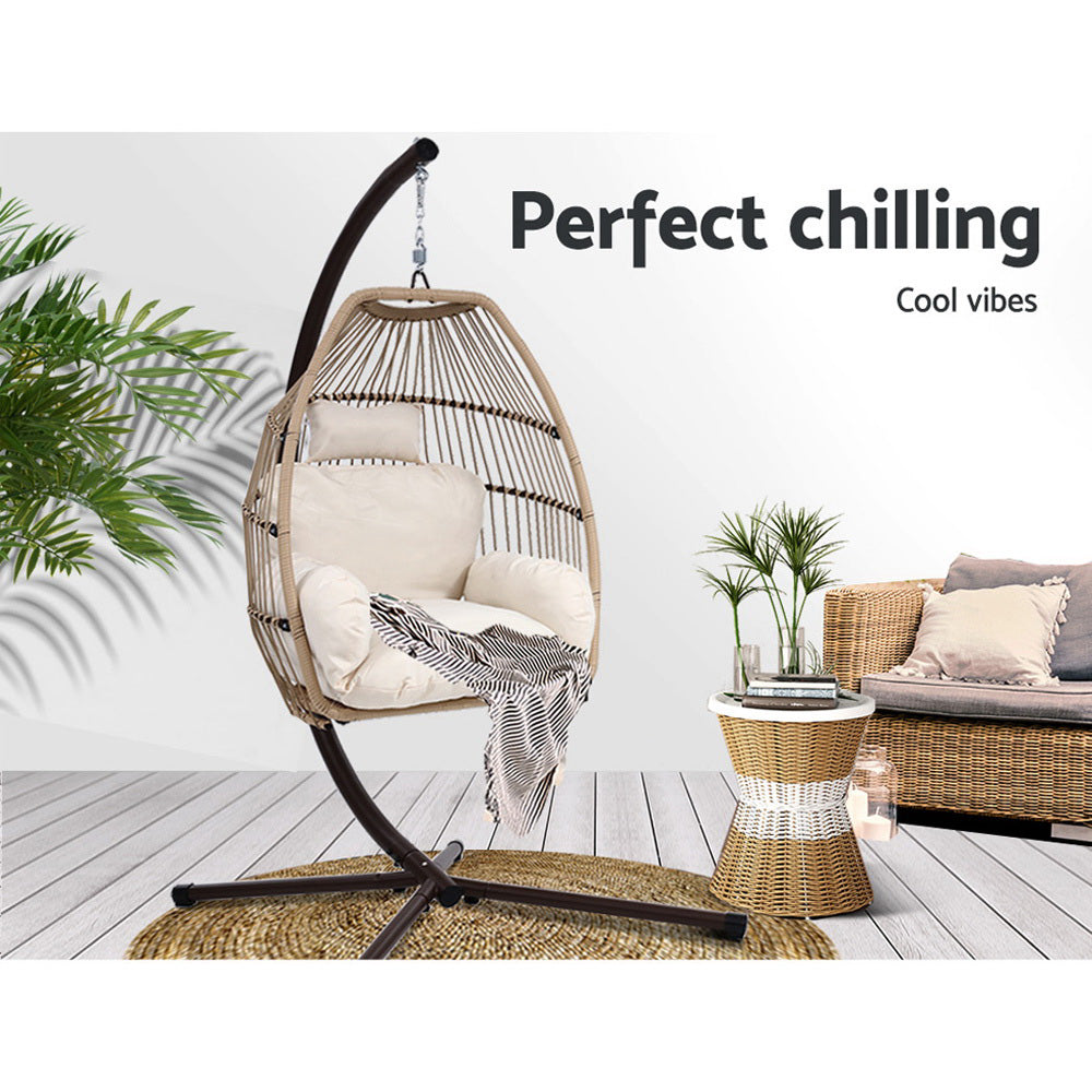 Latte Cocoon Hanging Egg Pod Chair with Stand – 100% Hand-Woven Wicker | 360° Swivel | 150kg - Greenora Living
