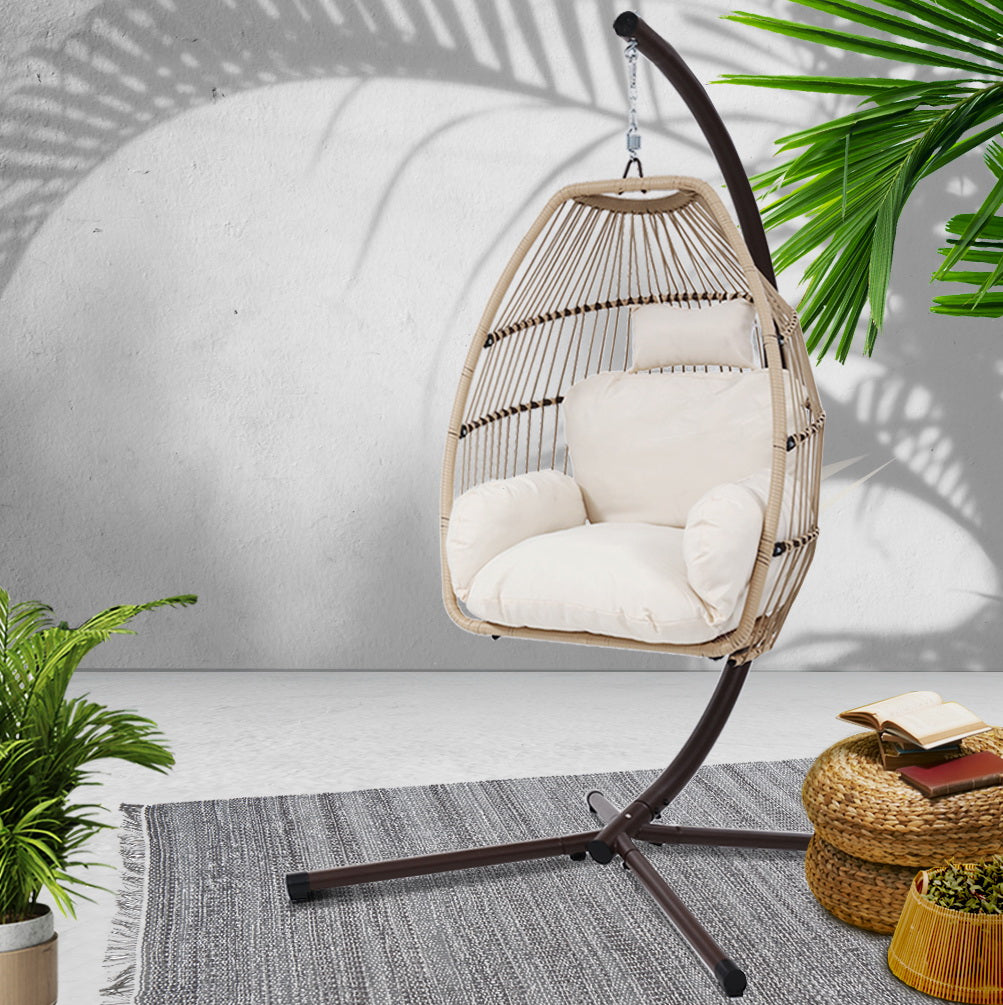 Latte Cocoon Hanging Egg Pod Chair with Stand – 100% Hand-Woven Wicker | 360° Swivel | 150kg - Greenora Living