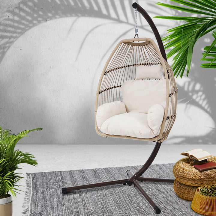 Latte Cocoon Hanging Egg Pod Chair with Stand – 100% Hand-Woven Wicker | 360° Swivel | 150kg - Greenora Living
