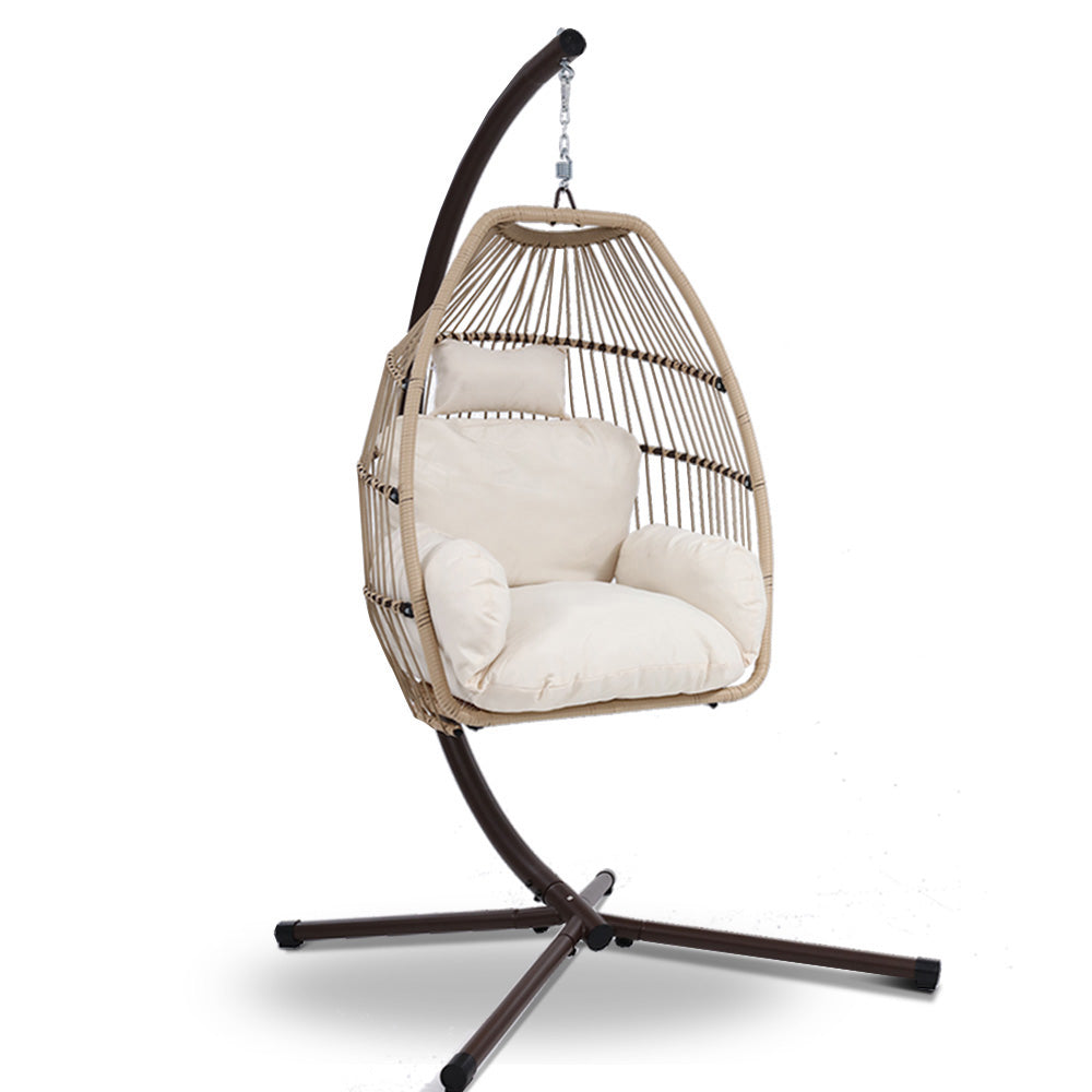 Latte Cocoon Hanging Egg Pod Chair with Stand – 100% Hand-Woven Wicker | 360° Swivel | 150kg - Greenora Living