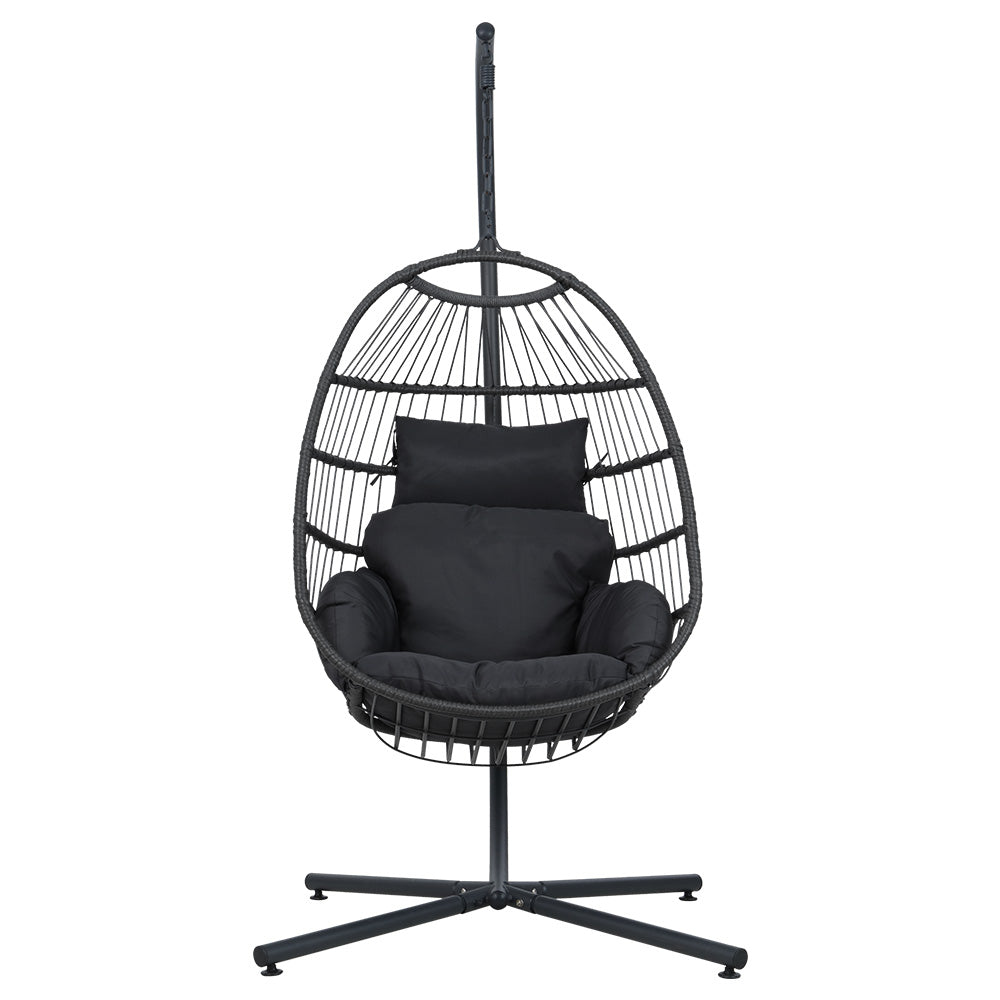 Storm Grey Hanging Egg Pod Chair with Stand – 100% Hand-Woven Wicker | 360° Swivel | 150kg - Greenora Living