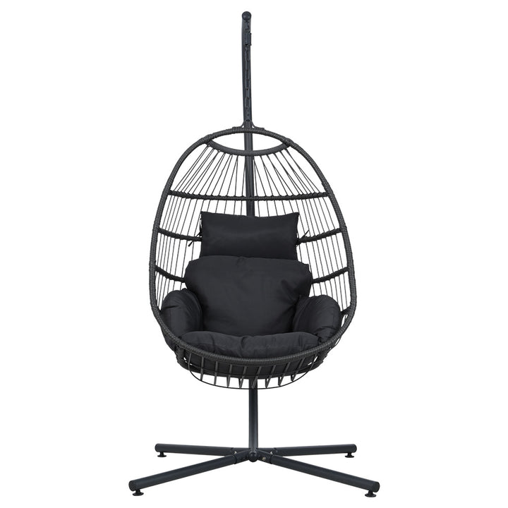 Storm Grey Hanging Egg Pod Chair with Stand – 100% Hand-Woven Wicker | 360° Swivel | 150kg - Greenora Living