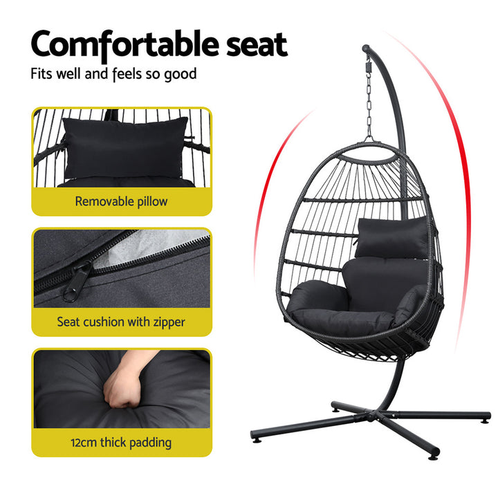 Storm Grey Hanging Egg Pod Chair with Stand – 100% Hand-Woven Wicker | 360° Swivel | 150kg - Greenora Living