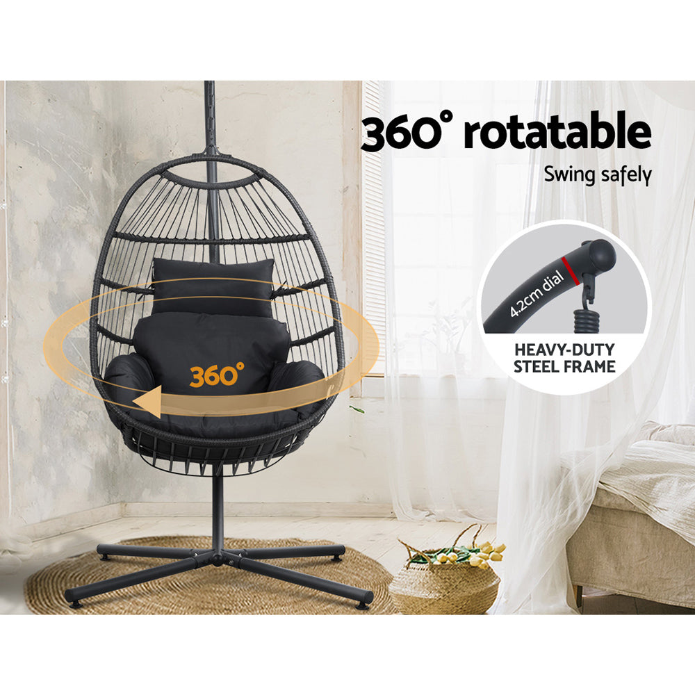 Storm Grey Hanging Egg Pod Chair with Stand – 100% Hand-Woven Wicker | 360° Swivel | 150kg - Greenora Living