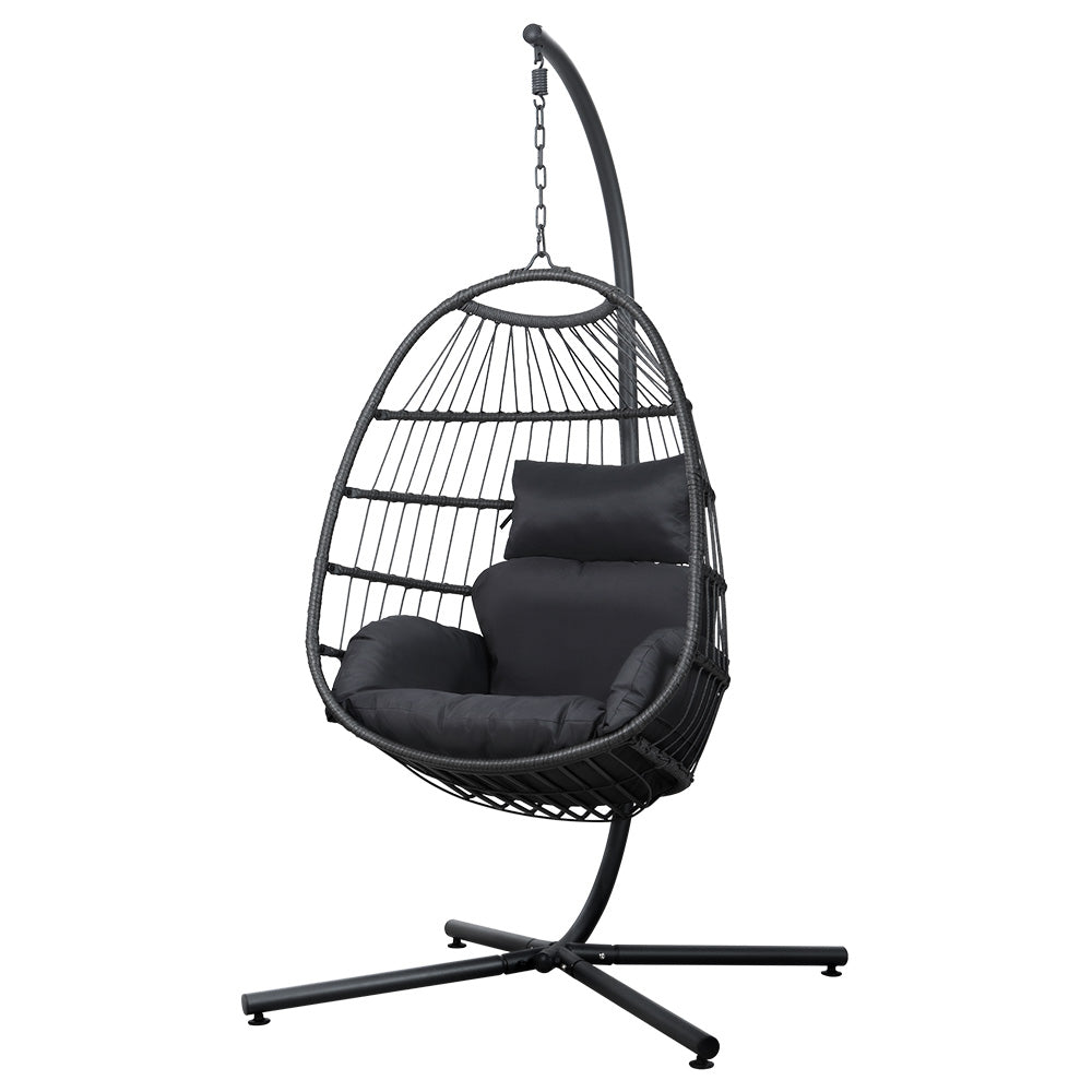 Storm Grey Hanging Egg Pod Chair with Stand – 100% Hand-Woven Wicker | 360° Swivel | 150kg - Greenora Living