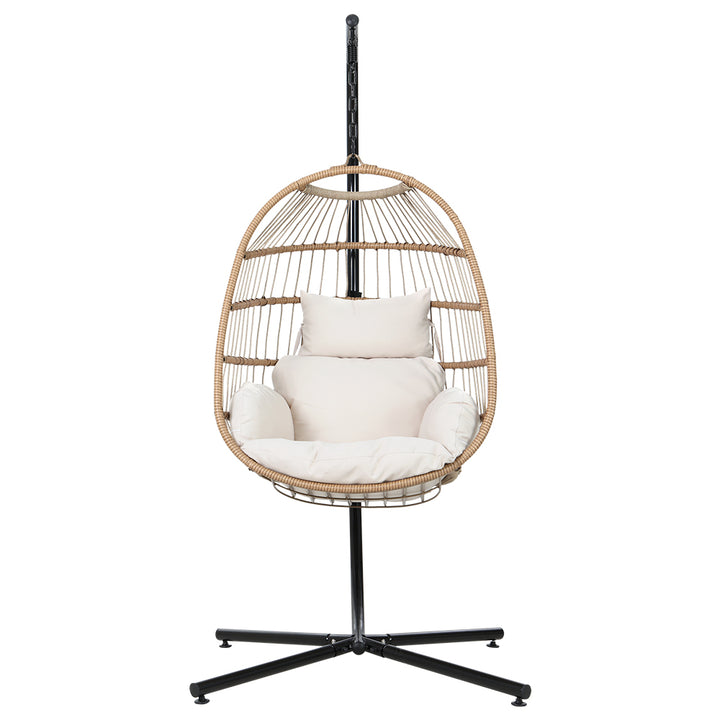 Sunshine Yellow Foldable Hanging Egg Pod Chair with Stand – Hand-Woven Resin Wicker | Fixed Rope | 150kg - Greenora Living