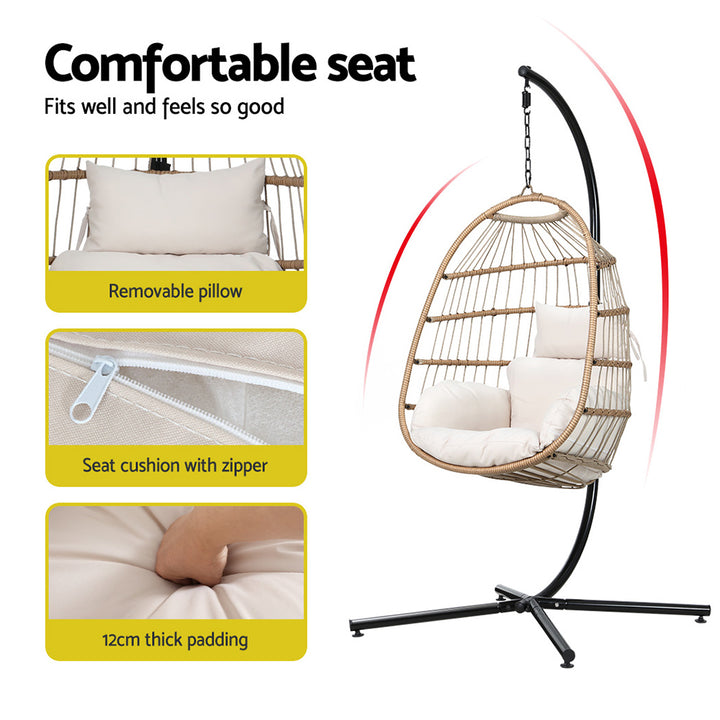 Sunshine Yellow Foldable Hanging Egg Pod Chair with Stand – Hand-Woven Resin Wicker | Fixed Rope | 150kg - Greenora Living