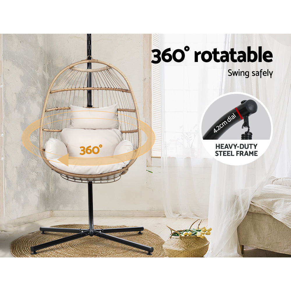 Sunshine Yellow Foldable Hanging Egg Pod Chair with Stand – Hand-Woven Resin Wicker | Fixed Rope | 150kg - Greenora Living