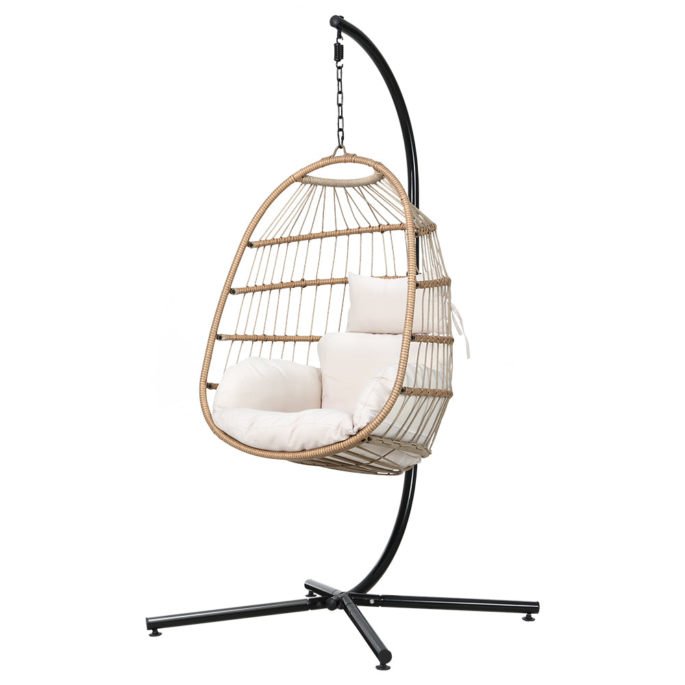 Sunshine Yellow Foldable Hanging Egg Pod Chair with Stand – Hand-Woven Resin Wicker | Fixed Rope | 150kg - Greenora Living