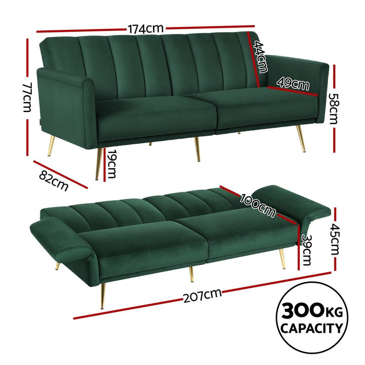 Emerald Stripe Velvet Sofa Bed | 3-Seater, Adjustable Armrests &amp; 300kg Rated | Greenora Living Australia