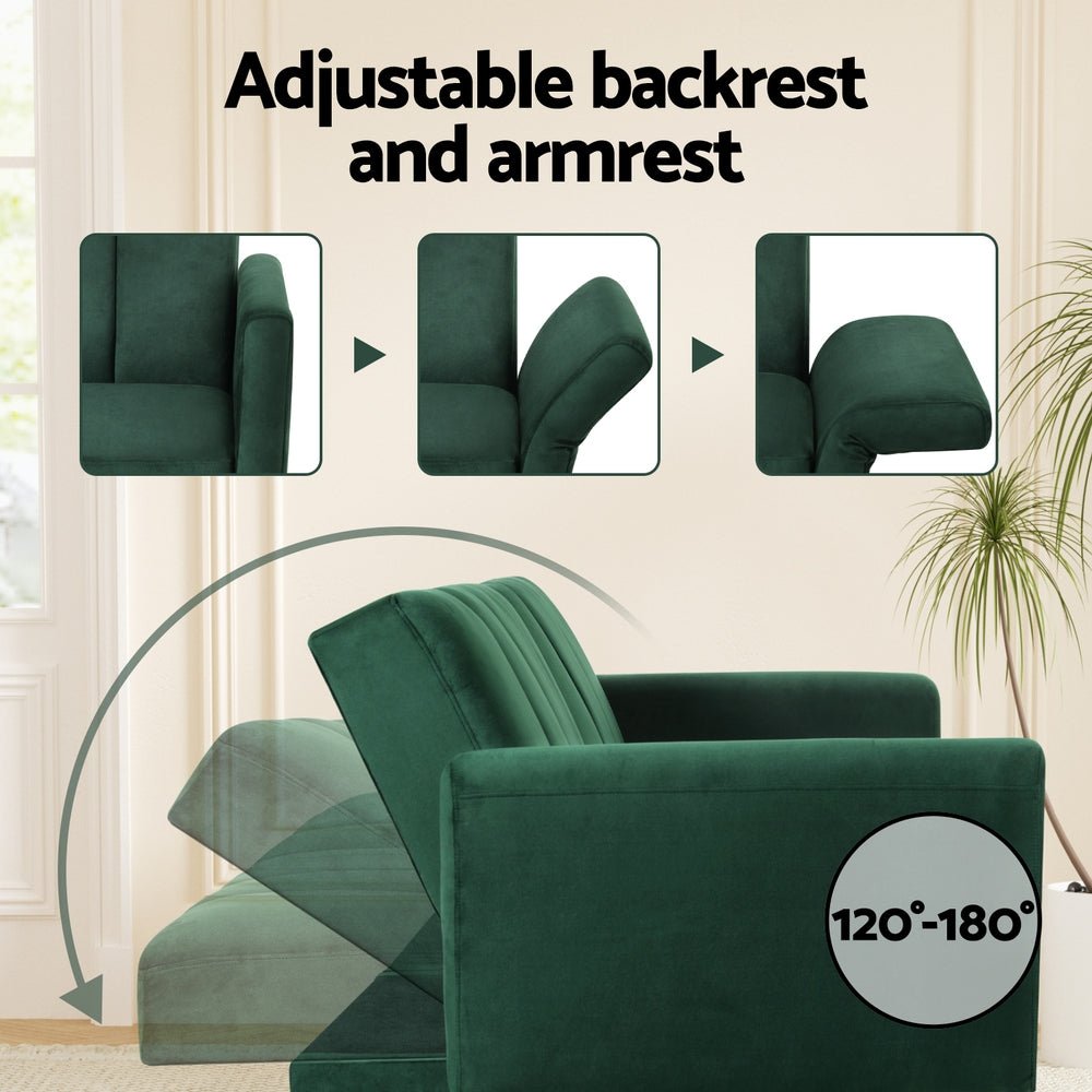 Emerald Stripe Velvet Sofa Bed | 3-Seater, Adjustable Armrests &amp; 300kg Rated | Greenora Living Australia