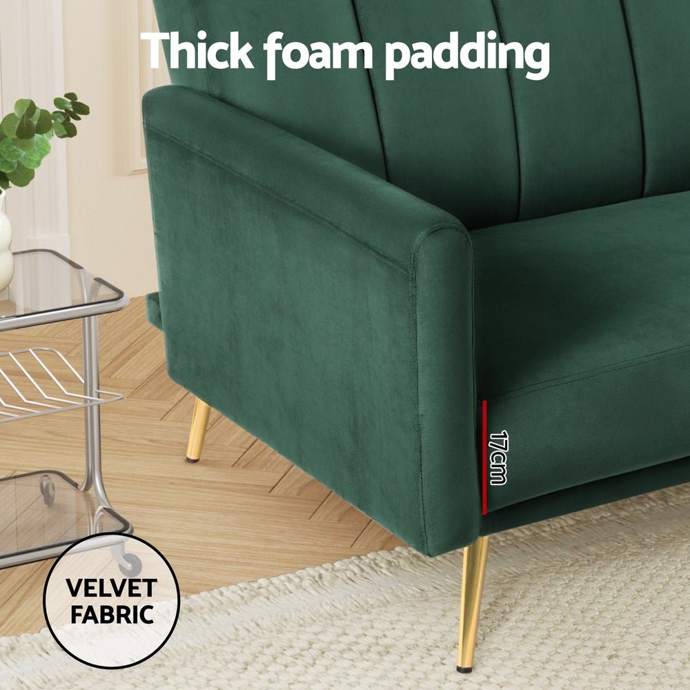 Emerald Stripe Velvet Sofa Bed | 3-Seater, Adjustable Armrests &amp; 300kg Rated | Greenora Living Australia