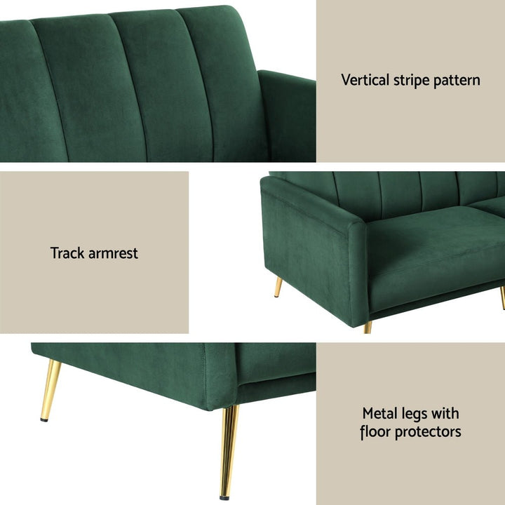 Emerald Stripe Velvet Sofa Bed | 3-Seater, Adjustable Armrests &amp; 300kg Rated | Greenora Living Australia