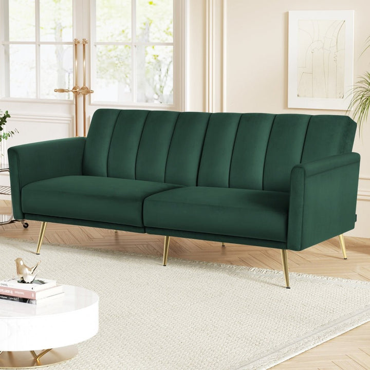 Emerald Stripe Velvet Sofa Bed | 3-Seater, Adjustable Armrests &amp; 300kg Rated | Greenora Living Australia