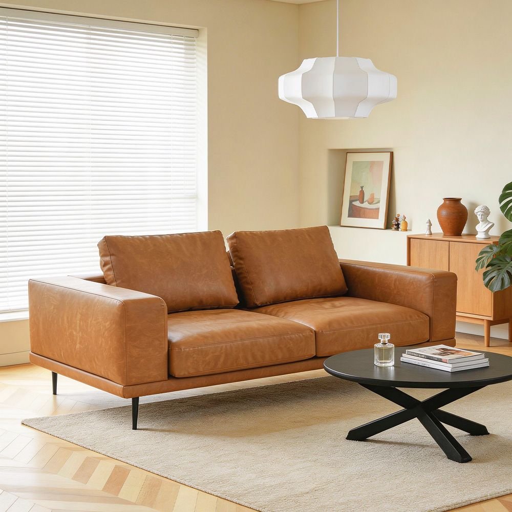 Arlo Modern Cognac 3-Seater Sofa | PU Leather, Solid Wood Frame & Spring Suspension | Greenora Living Australia